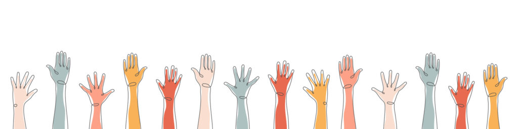 raised hands. teamwork, collaboration, voting, volunteering concert. applause hand drawn. vector illustration